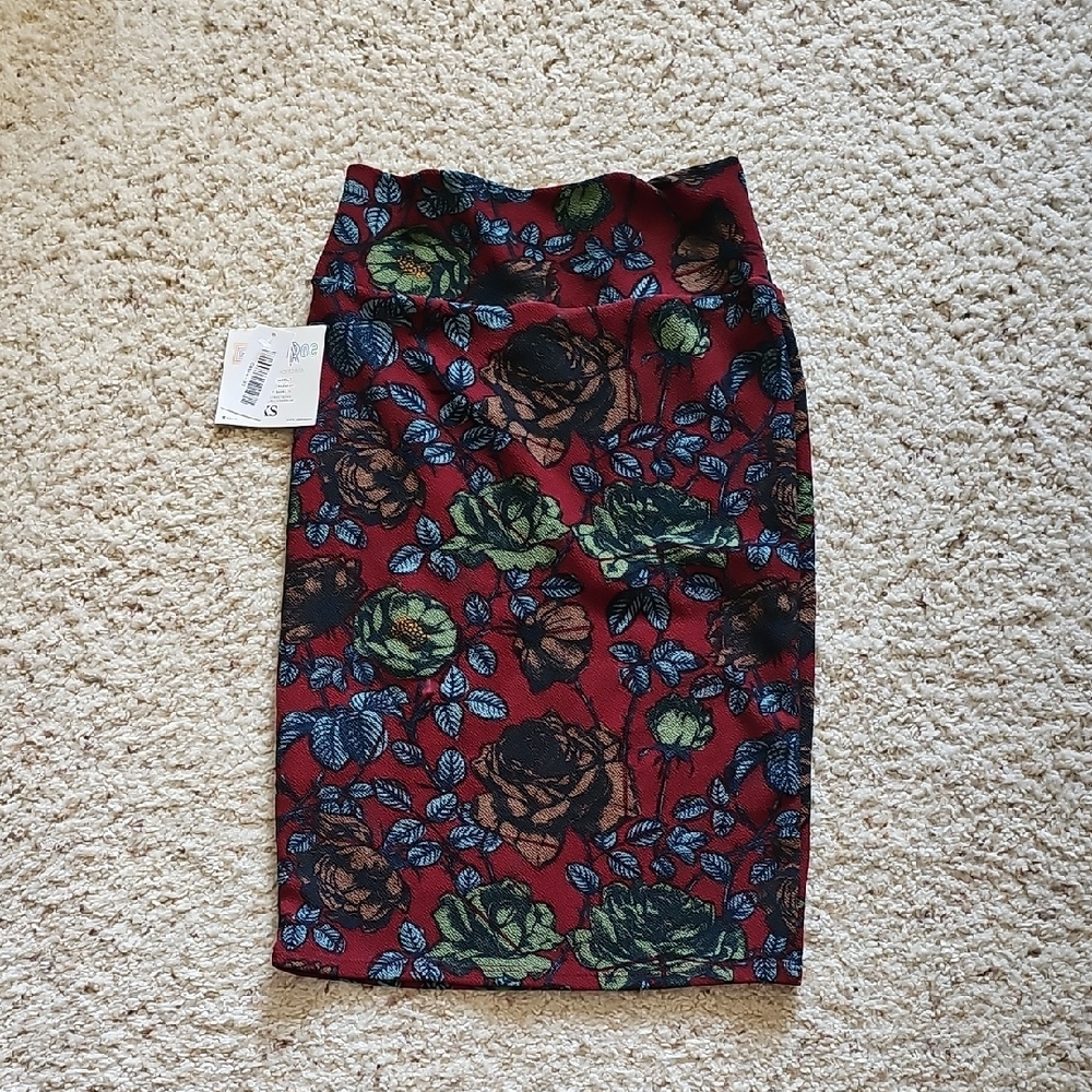 LuLaRoe Burgundy Floral Pencil Skirt with Green & Blue Blooms